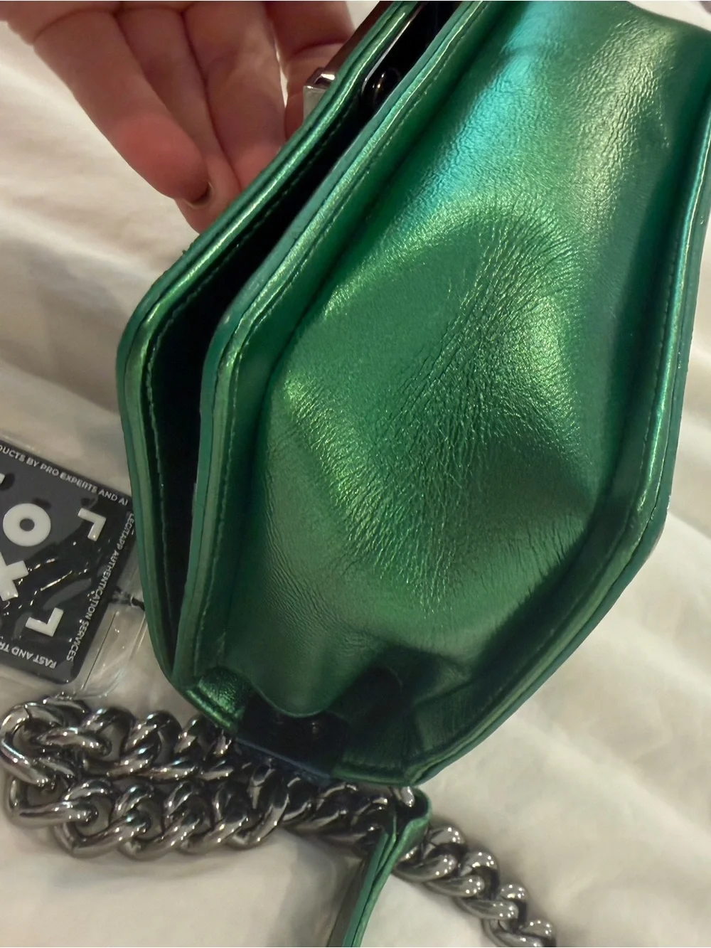 CHANEL Green Quilted Patent Leather Boy Bag with Silver Chain